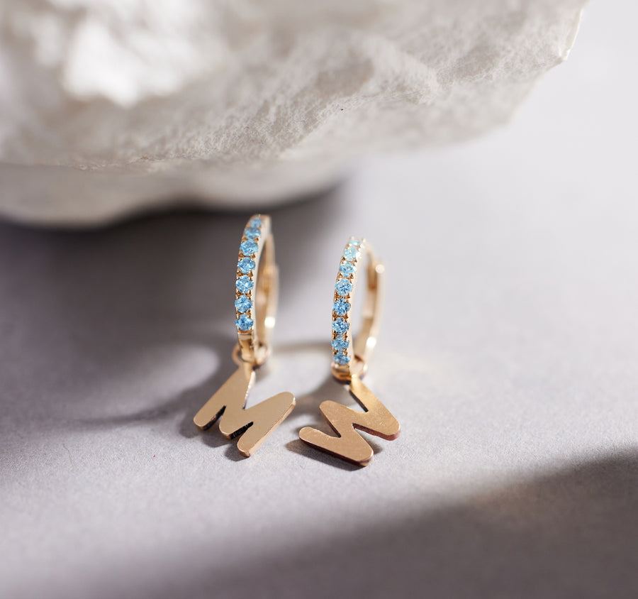 Custom Initial Blue Topaz Huggies