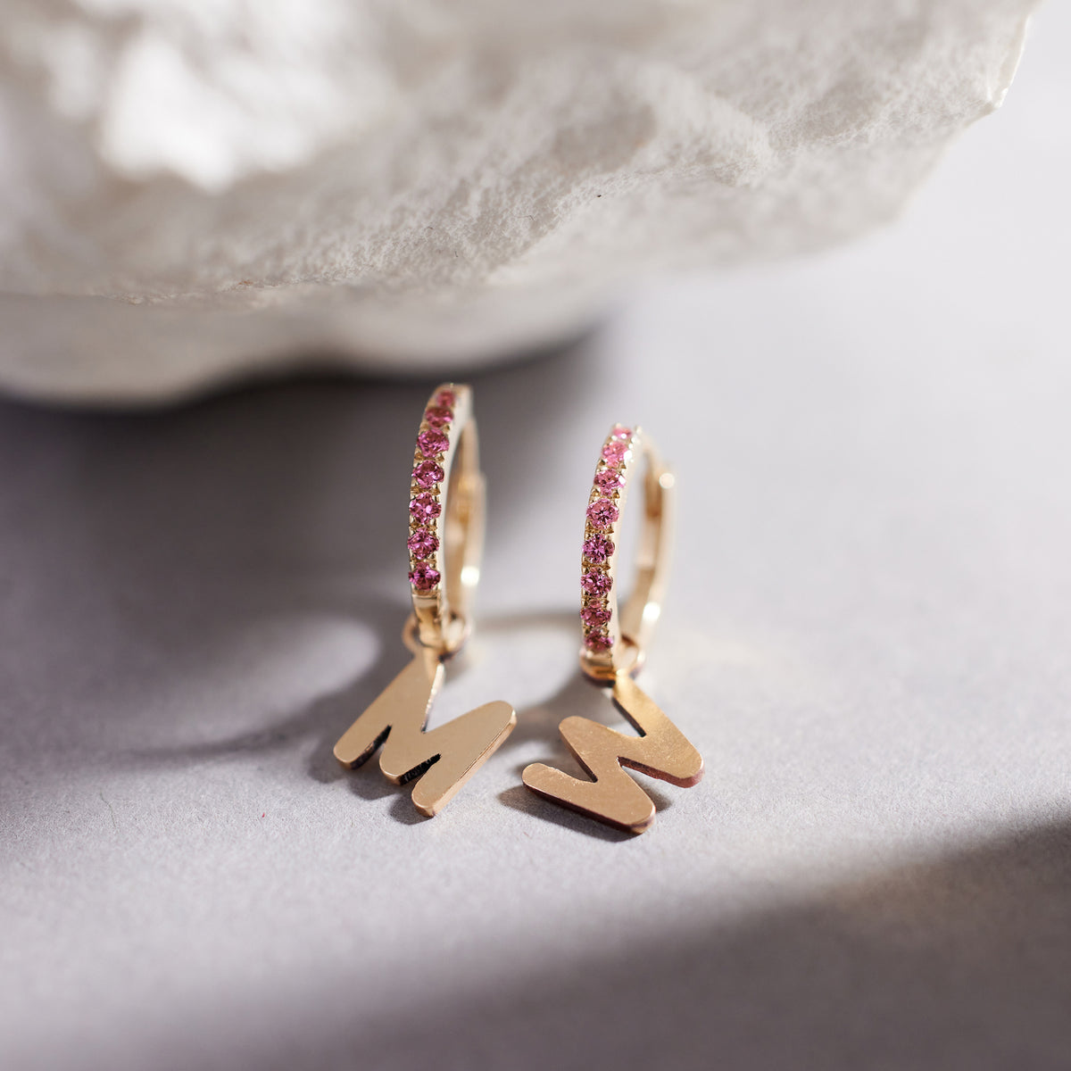 Custom Initial Pink Sapphire Huggies - View 1