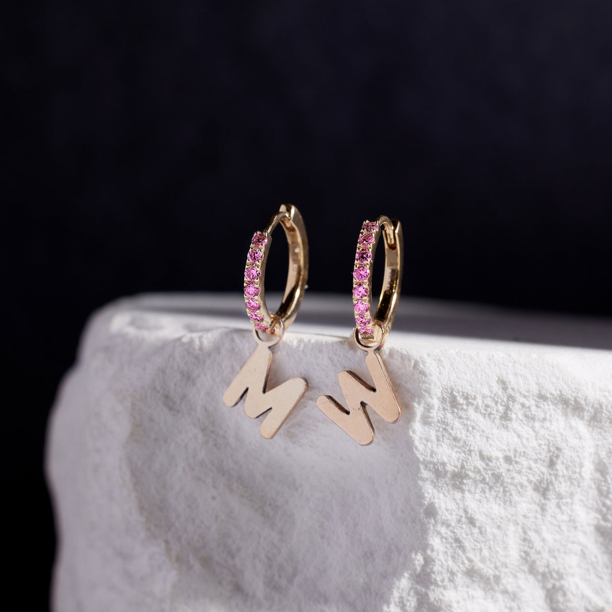 Custom Initial Pink Sapphire Huggies - View 3