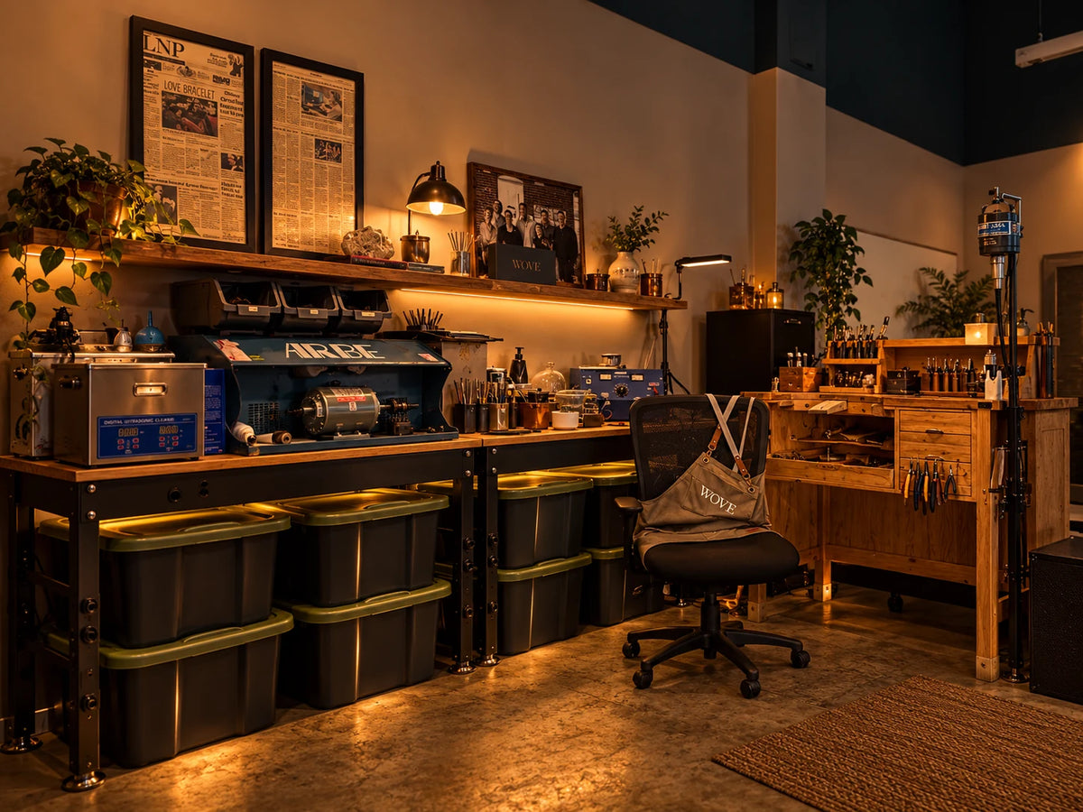 Inside the Wove workshop: jeweler's bench, tools and polishing station