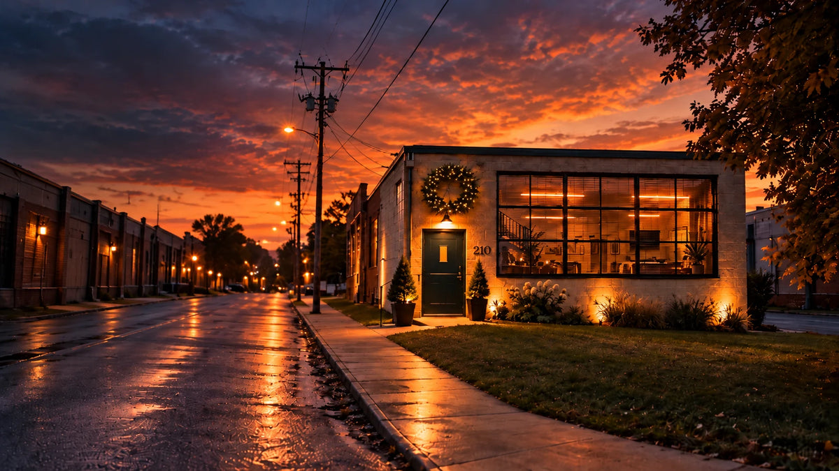 The Wove workshop at 210 Hostetter Road at dusk, Manheim, Lancaster County PA
